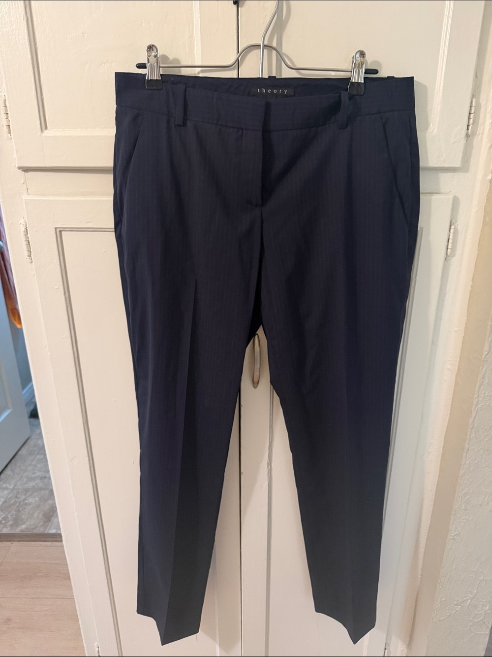 Theory Navy Pinstriped Tapered Dress Trousers